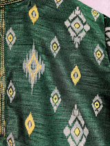 Boys Kurta Pajama Set in Bottle Green Color with Ikkat Prints | Raw Silk material with Cotton Lining | Kurta Pajama for Boys | Indian Boys Wear - Kaash