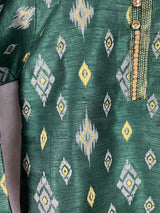 Boys Kurta Pajama Set in Bottle Green Color with Ikkat Prints | Raw Silk material with Cotton Lining | Kurta Pajama for Boys | Indian Boys Wear - Kaash