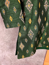 Boys Kurta Pajama Set in Bottle Green Color with Ikkat Prints | Raw Silk material with Cotton Lining | Kurta Pajama for Boys | Indian Boys Wear - Kaash