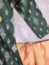Boys Kurta Pajama Set in Bottle Green Color with Ikkat Prints | Raw Silk material with Cotton Lining | Kurta Pajama for Boys | Indian Boys Wear - Kaash
