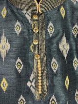 Charcoal Grey Boys with Ikkat Prints 2-piece kurta pajama set for boys with ikkat prints with lace neckline — Kaash Collection