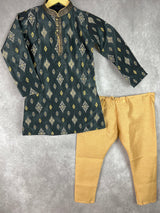 Boys Kurta Pajama Set in Charcoal Grey Color with Ikkat Prints | Raw Silk material with Cotton Lining | Kurta Pajama for Boys | Indian Wear - Kaash