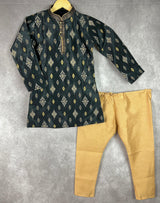 Boys Kurta Pajama Set in Charcoal Grey Color with Ikkat Prints | Raw Silk material with Cotton Lining | Kurta Pajama for Boys | Indian Wear - Kaash