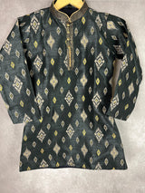 Boys Kurta Pajama Set in Charcoal Grey Color with Ikkat Prints | Raw Silk material with Cotton Lining | Kurta Pajama for Boys | Indian Wear - Kaash
