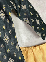 Boys Kurta Pajama Set in Charcoal Grey Color with Ikkat Prints | Raw Silk material with Cotton Lining | Kurta Pajama for Boys | Indian Wear - Kaash