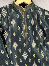 Boys Kurta Pajama Set in Charcoal Grey Color with Ikkat Prints | Raw Silk material with Cotton Lining | Kurta Pajama for Boys | Indian Wear - Kaash