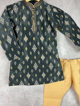 Boys Kurta Pajama Set in Charcoal Grey Color with Ikkat Prints | Raw Silk material with Cotton Lining | Kurta Pajama for Boys | Indian Wear - Kaash