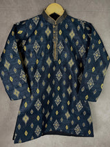 Boys Kurta Pajama Set in Dark Blue Color with Ikkat Prints - Kaash