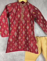 Boys Kurta Pajama Set in Maroon Color with Ikkat Prints | Raw Silk material with Cotton Lining | Kurta Pajama for Boys | Indian Kids Wear - Kaash