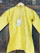 Boys Raw Silk Lime Color Kurta Pajama Set with Embroidery and Sequence Work | Kids Festive Wear | Kids Wear | Boys Ethnic Wear | Kids Wear - Kaash