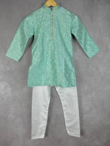 Sea Green Boys Raw Silk Embroidery 2-piece kurta pajama set for boys with embroidery & sequin work — Kaash Collection