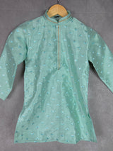 Boys Raw Silk Sea Green Kurta Pajama Set with Embroidery and Sequence Work | Kids Festive Wear | Kids Wear | Boys Ethnic Wear | Kids Wear - Kaash