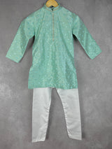 Boys Raw Silk Sea Green Kurta Pajama Set with Embroidery and Sequence Work | Kids Festive Wear | Kids Wear | Boys Ethnic Wear | Kids Wear - Kaash