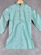 Boys Raw Silk Sea Green Kurta Pajama Set with Embroidery and Sequence Work | Kids Festive Wear | Kids Wear | Boys Ethnic Wear | Kids Wear - Kaash