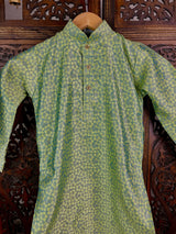 Boys Soft Silk Light Parrot Green Kurta Pajama in Floral Design with White Cotton Churidar Pajama - Kaash