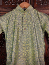 Boys Soft Silk Light Parrot Green Kurta Pajama in Floral Design with White Cotton Churidar Pajama - Kaash