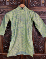 Boys Soft Silk Light Parrot Green Kurta Pajama in Floral Design with White Cotton Churidar Pajama - Kaash