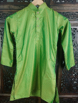 Boys Soft Silk Mehndi Green Green Kurta with White Cotton Churidar Pajama - Kaash