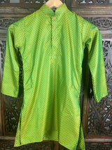 Boys Soft Silk Mehndi Green Green Kurta with White Cotton Churidar Pajama - Kaash