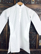White Boys Pure Cotton Chikankari 2-piece kurta pajama set for boys with lucknowi chikankari on pure cotton — Kaash Collection