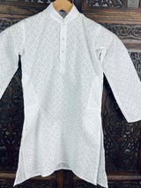 Boys White Lucknowi Chikankari Kurta Pajama for Boys | Pure Cotton - Kaash