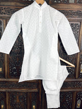 Boys White Lucknowi Chikankari Kurta Pajama for Boys | Pure Cotton - Kaash