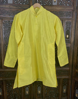 Bright Lemon Yellow men's short kurta in raw silk with short kurta (no pajama) — Kaash Collection