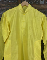 Bright Lemon Yellow Color Raw Silk Indian Men Short Kurta - Kaash