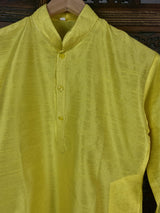 Bright Lemon Yellow Color Raw Silk Indian Men Short Kurta - Kaash