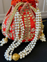 Bright Orangish Red Wedding Potli Bag | Handmade Embellished Stone and Pearl | Desi Indian Pakistani Wedding Purse | Evening Party Purse - Kaash