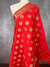 Bright Red Banarasi Silk Chakra Designer Dupatta with red color tassels on the ends | Light Weight Dupatta | Benarasi Dupatta - Kaash