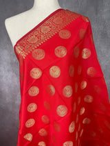 Bright Red Banarasi Silk Chakra Designer Dupatta with red color tassels on the ends | Light Weight Dupatta | Benarasi Dupatta - Kaash