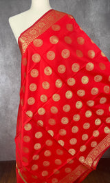 Bright Red Banarasi Silk Chakra Designer Dupatta with red color tassels on the ends | Light Weight Dupatta | Benarasi Dupatta - Kaash