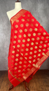 Bright Red Banarasi Silk Chakra Designer Dupatta with red color tassels on the ends | Light Weight Dupatta | Benarasi Dupatta - Kaash