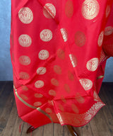 Bright Red Banarasi Silk Chakra Designer Dupatta with red color tassels on the ends | Light Weight Dupatta | Benarasi Dupatta - Kaash
