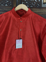 Bright Red men's short kurta in raw silk with short kurta (no pajama) — Kaash Collection