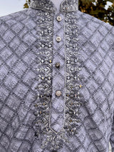 Chikankari Embroidery Light Grey Kurta for Men | Mirror Work & Hand-Block Prints | Kurta Pajama Set in USA | Ships from California | Kaash Kurtas - Kaash