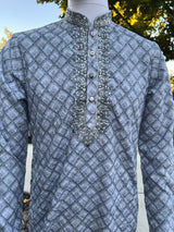 Chikankari Embroidery Light Grey Kurta for Men | Mirror Work & Hand-Block Prints | Kurta Pajama Set in USA | Ships from California | Kaash Kurtas - Kaash