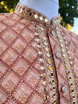 Light Peach men's kurta pajama in pure cotton with chikankari, block print, mirror & stone work — Kaash Collection