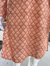 Light Peach men's kurta pajama in pure cotton with chikankari, block print, mirror & stone work — Kaash Collection