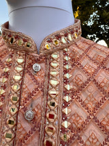 Light Peach men's kurta pajama in pure cotton with chikankari, block print, mirror & stone work — Kaash Collection