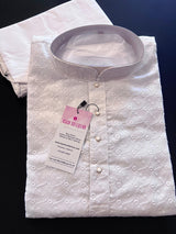 Pure White men's kurta pajama in pure cotton with lucknowi chikankari embroidery — Kaash Collection