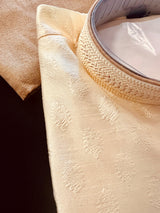 Cream Color Kurta with Gold Raw Silk Churidar Pajama | Kurta Pajama for Men | Indian Festival Men Kurta Pajama | Men Ethnic Wear - Kaash
