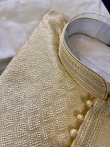 Cream Color Soft Silk Men Kurta Pajama with Self Design material with Lining | Kurta Pajama for Men for Weddings, Parties and Festivals - Kaash