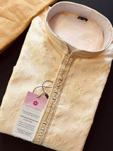 Creamy White with Tint of Gold men's kurta pajama in soft silk with floral embossed pattern with mirror & lace — Kaash Collection