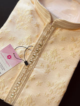 Creamy White with Tint of Gold men's kurta pajama in soft silk with floral embossed pattern with mirror & lace — Kaash Collection