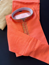 Dark Coral men's kurta pajama in soft silk with small embroidery buttis with neckline detail — Kaash Collection