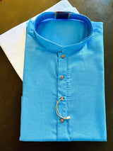 Dark Sky Blue men's kurta pajama in cotton silk with self-embroidery design material — Kaash Collection