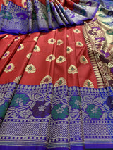 Deep Red with Blue Banarasi saree in banarasi silk with meenakari work with grand pallu — Kaash Collection
