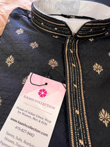 Black men's kurta pajama in soft silk (non-pure) with self-design with copper zari floral buttis — Kaash Collection